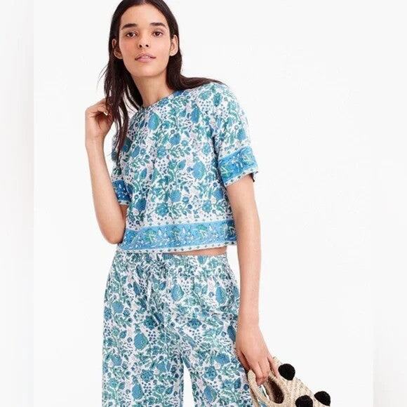 SZ Blockprints For J.Crew Crop Top Blue Green - L - Picture 2 of 2